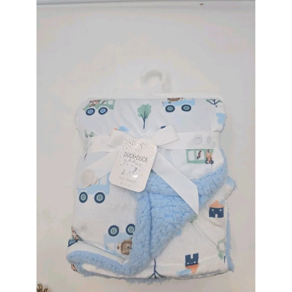 Duck Duck Goose Baby Plush Blanket 30x40 Blue Animal Train Nursery NEW